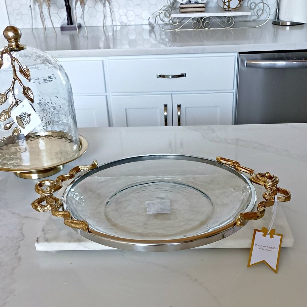 NEW! EXQUISITE CAST METAL & GLASS RIBBONS BOWS Shallow BOWL